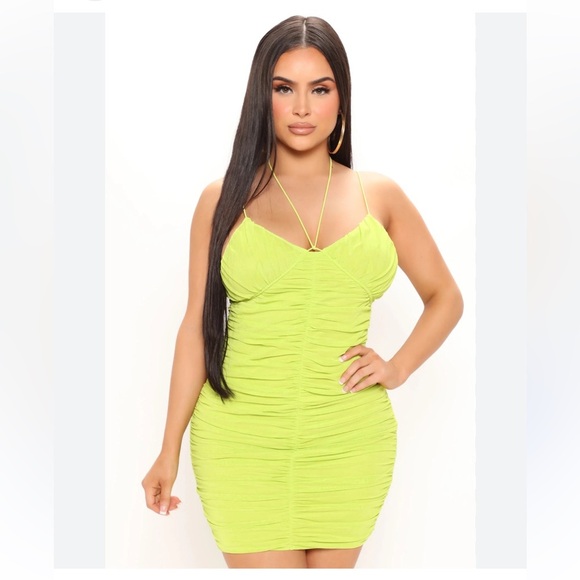 NWT,Met You After Mesh,Chartreuse Lime Green Ruched Bodycon Sexy Dress,Size XL - Picture 1 of 11